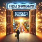 Create a high-definition, realistic image that portrays the concept of a massive opportunity. Maybe visualize it as a wide and brightly-lit door opening, revealing a prosperous scene inside. Overlay the scene with the text 'A Massive Opportunity Awaits! Guess Who’s Going Public?'