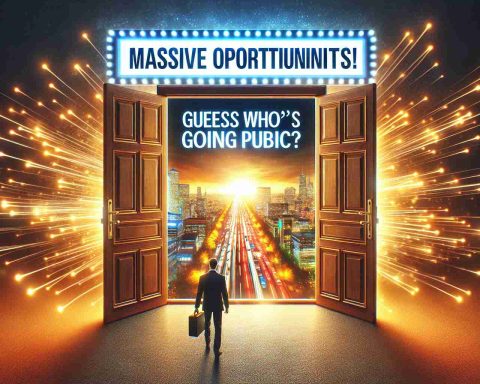 Create a high-definition, realistic image that portrays the concept of a massive opportunity. Maybe visualize it as a wide and brightly-lit door opening, revealing a prosperous scene inside. Overlay the scene with the text 'A Massive Opportunity Awaits! Guess Who’s Going Public?'