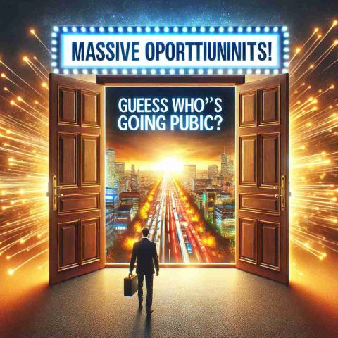 Create a high-definition, realistic image that portrays the concept of a massive opportunity. Maybe visualize it as a wide and brightly-lit door opening, revealing a prosperous scene inside. Overlay the scene with the text 'A Massive Opportunity Awaits! Guess Who’s Going Public?'