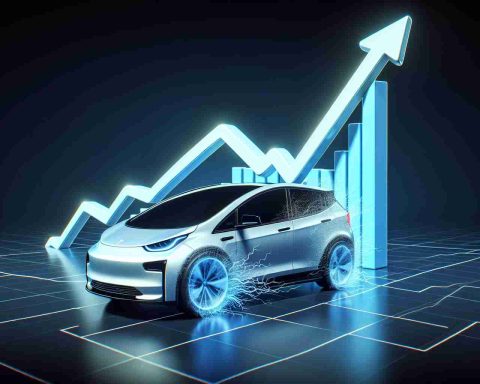 A realistic, high-definition depiction of a generic stock market graph indicating a surge or potential bubble that appears dangerously close to bursting. The graph's line dramatically rises, reaching an unsustainable peak. The image also showcases the symbol of an electric vehicle company's stocks doing unexpected maneuvers, displaying unexpected volatility without associating it with any real world company.