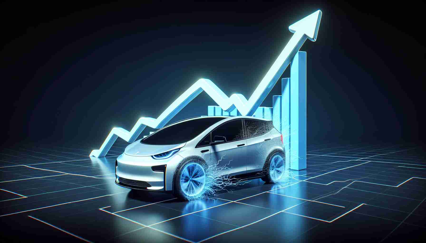 A realistic, high-definition depiction of a generic stock market graph indicating a surge or potential bubble that appears dangerously close to bursting. The graph's line dramatically rises, reaching an unsustainable peak. The image also showcases the symbol of an electric vehicle company's stocks doing unexpected maneuvers, displaying unexpected volatility without associating it with any real world company.