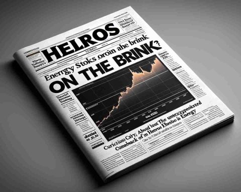 A high-definition, highly realistic image of a newspaper or magazine headline about energy stocks on the brink. The cover should feature a graph or chart with an upwards trend and accompanying text indicating curiosity about the unexpected comeback of a fictional energy company named, 'Helios Energy'. The design should be sleek and professional.