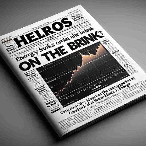 A high-definition, highly realistic image of a newspaper or magazine headline about energy stocks on the brink. The cover should feature a graph or chart with an upwards trend and accompanying text indicating curiosity about the unexpected comeback of a fictional energy company named, 'Helios Energy'. The design should be sleek and professional.