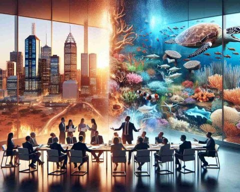 An ultra-high definition image illustrating the concept of Australia's undiscovered wealth. Capture the rugged beauty of the Australian Outback or the diverse marine life of the Great Barrier Reef to signify this hidden treasure. On the other side, depict a sparking controversy: people animatedly discussing around a table laden with documents, strategical plans and maps of Australia. Set in a room with large windows revealing an Australian cityscape view.