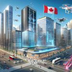 A realistic high-definition image representing the future tech vision of a prominent Canadian politician, suggesting a leap in the future for Canada. This includes modern skyscrapers made of glass and metal, wide streets filled with autonomous cars, people using advanced wearable tech, and drones flying overhead delivering packages. The Canadian flag flutters proudly atop one of the buildings.