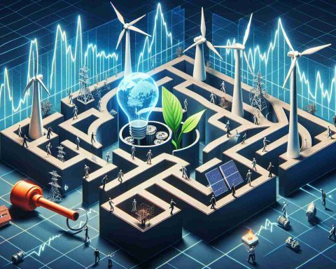 An imaginary high-definition scene illustrating the concept of energy hedge funds being utilized as a key to navigate through unpredictable markets. visualizing this, there could be a complex maze being traversed by a group of people representing investors. Inside that maze, symbols of wind turbines, solar panels, and oil wells mimic the energy sector. The maze walls could have fluctuating line graphs representing unpredictability.