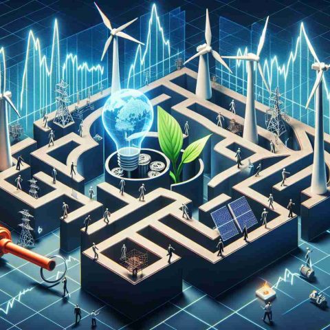 An imaginary high-definition scene illustrating the concept of energy hedge funds being utilized as a key to navigate through unpredictable markets. visualizing this, there could be a complex maze being traversed by a group of people representing investors. Inside that maze, symbols of wind turbines, solar panels, and oil wells mimic the energy sector. The maze walls could have fluctuating line graphs representing unpredictability.