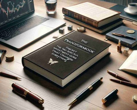 Create a real-life high-definition image that conveys the concept of a transformative book explaining the secret of successful investment. The image should include a hardcover book lying across a polished wooden desk. The dust jacket bears the title 'The Transformative Book', and a small tagline at the bottom says 'The Secret Investment Guide That Changed Everything'. Surrounding the book are objects typically associated with investment and finance: a sleek laptop displaying stock charts, journals filled with investment notes, and an elegant fountain pen.