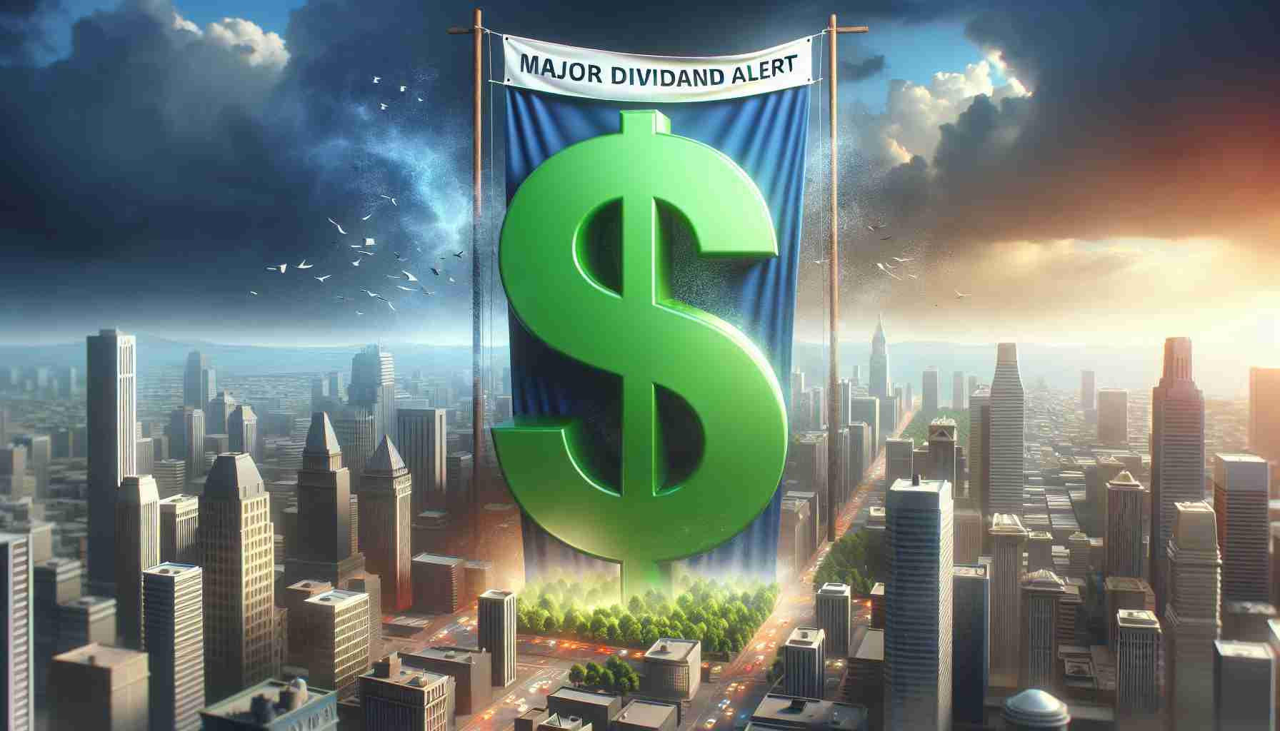 A realistic high definition image depicting an abstract concept of significant financial event. The scene includes a huge green dollar sign standing out in a bustling cityscape. A banner unfurling in the sky with the text 'Major Dividend Alert'. The overall atmosphere indicates an unexpected and incredible monetary gain.