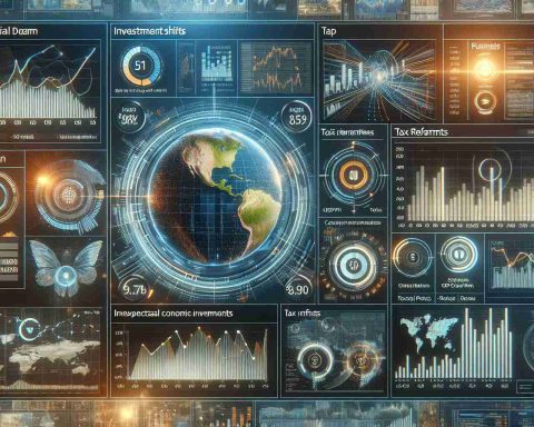 Visualize a real-time data analytics dashboard in high definition showcasing potential impacts of unexpected economic shifts and tax reforms on business investments. The dashboard should convey a mix of graphs, charts, and tables that reflect a variety of economic indicators such as investment trends, GDP growth, tax rate changes, and corporate profits. The overall theme of the dashboard should center around the uncertainty and volatility that come with rapid economic changes.