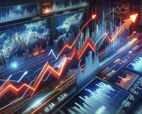 A detailed and realistic high-definition representation of the concept of volatility in the stock market. This could include arrows showing severe fluctuations on a stock market graph, signifying a wild ride. There should also be a modern aesthetic emphasizing the digital nature of today's trading, with neon lights and data streaming across screens. Please exclude any specific company logos or names on the screens.