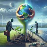 A realistic, high-definition image depicting a representation of clean energy investors transforming the world. The foreground is divided equally into two parts. On the left, an anonymous male investor of Hispanic descent is seen planting a green seedling symbolizing the birth of a renewable energy project. On the right, a female investor of Middle Eastern descent is turning a colorful globe with her hands, towards a more sustainable future. There's also a solar panel field and wind turbines in the background, overcast by a blue sky.