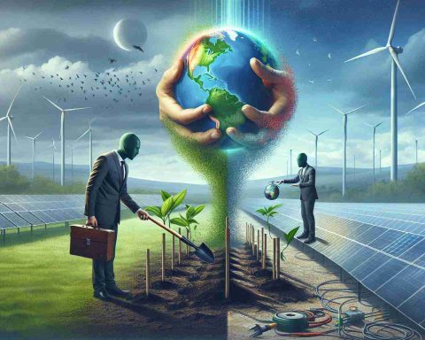 A realistic, high-definition image depicting a representation of clean energy investors transforming the world. The foreground is divided equally into two parts. On the left, an anonymous male investor of Hispanic descent is seen planting a green seedling symbolizing the birth of a renewable energy project. On the right, a female investor of Middle Eastern descent is turning a colorful globe with her hands, towards a more sustainable future. There's also a solar panel field and wind turbines in the background, overcast by a blue sky.