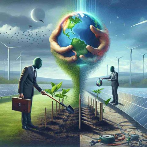 A realistic, high-definition image depicting a representation of clean energy investors transforming the world. The foreground is divided equally into two parts. On the left, an anonymous male investor of Hispanic descent is seen planting a green seedling symbolizing the birth of a renewable energy project. On the right, a female investor of Middle Eastern descent is turning a colorful globe with her hands, towards a more sustainable future. There's also a solar panel field and wind turbines in the background, overcast by a blue sky.