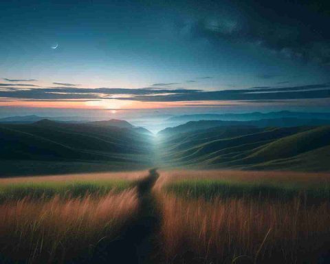 Create a hyper-realistic, high-definition image of a serene horizon under the twilight sky. The horizon might be a scene of a landscape transitioning from grassy plains to hilly terrains, symbolizing the advent of changes. There's also a feeling of missing out on something as represented by a fading trail in the grass leading to an unseen area or path.