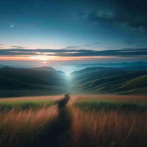 Create a hyper-realistic, high-definition image of a serene horizon under the twilight sky. The horizon might be a scene of a landscape transitioning from grassy plains to hilly terrains, symbolizing the advent of changes. There's also a feeling of missing out on something as represented by a fading trail in the grass leading to an unseen area or path.