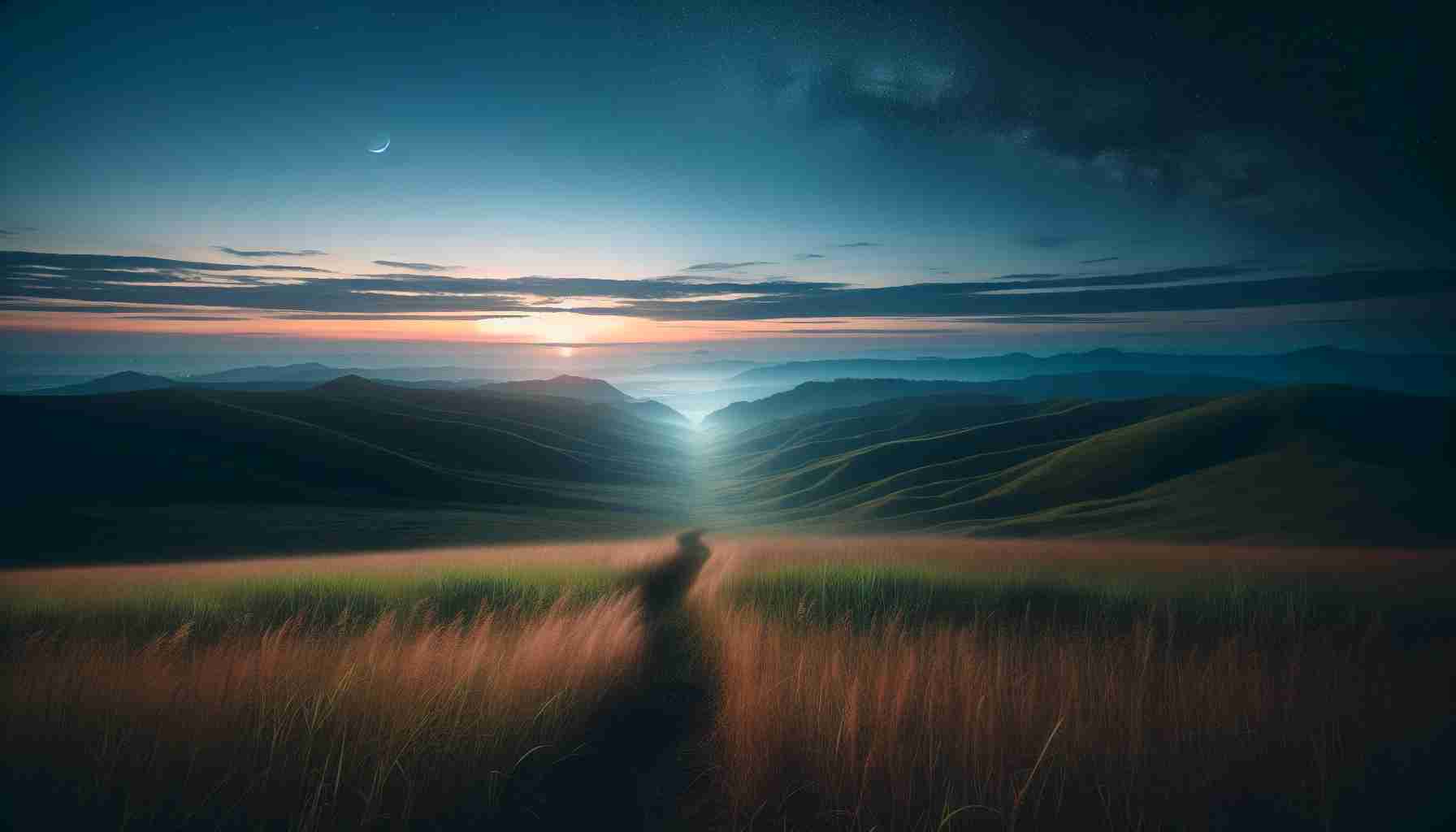 Create a hyper-realistic, high-definition image of a serene horizon under the twilight sky. The horizon might be a scene of a landscape transitioning from grassy plains to hilly terrains, symbolizing the advent of changes. There's also a feeling of missing out on something as represented by a fading trail in the grass leading to an unseen area or path.