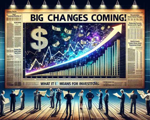 A highly detailed and realistic image depicting a metaphorical representation of 'big changes coming' for a generic stock. Visualize a graph with a steep upward trajectory in the center, symbolizing the investment growth. Place prominent dollar signs in the picture to signify wealth. Also, include different human characters analyzing the data, showcasing diverse reactions such as surprise, anticipation, and contemplation. To provide further context, include an image of an old-fashioned newspaper headline stating 'Big Changes for This Stock! What it Means for Investors.'