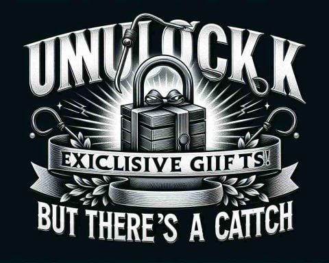 A high definition image displaying the phrase 'Unlock Exclusive Gifts! But There’s a Catch'. The text is styled in an attention-grabbing and convincing manner, with 'Unlock Exclusive Gifts!' appearing as exciting and enticing, while 'But There’s a Catch' comes across as smaller but intriguingly mysterious. Complementing the textual elements, imagine a padlock that is opened, symbolizing the 'unlocking', and a beautifully wrapped gift box indicating 'exclusive gifts'. Lastly, include a small detail that suggests there is a 'catch', such as a fishing hook subtly incorporated into the design.