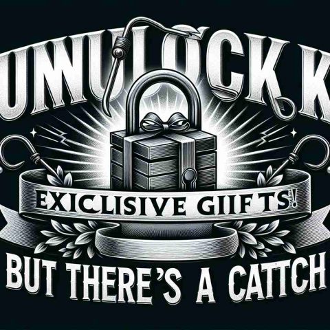 A high definition image displaying the phrase 'Unlock Exclusive Gifts! But There’s a Catch'. The text is styled in an attention-grabbing and convincing manner, with 'Unlock Exclusive Gifts!' appearing as exciting and enticing, while 'But There’s a Catch' comes across as smaller but intriguingly mysterious. Complementing the textual elements, imagine a padlock that is opened, symbolizing the 'unlocking', and a beautifully wrapped gift box indicating 'exclusive gifts'. Lastly, include a small detail that suggests there is a 'catch', such as a fishing hook subtly incorporated into the design.