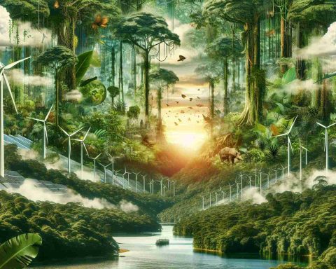 Highly detailed and realistic image of a verdant and lush rainforest representing the notion of Amazon's green gamble. The image portrays a dense display of towering trees, vines, and other plant species thriving in the foreground. Deeper into the scene, the forest seems to transform into modern wind turbines, solar panels and other renewable energy infrastructures signifying a revolutionary change in energy production. To complete the symbolization, the sky in the backdrop is painted with an optimistic sunrise, insinuating a dawning era of sustainability and green practices.