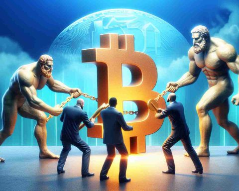 Realistic high definition image of metaphorical giants, representing major investors, placing large bets on a block-chain symbol, signifying investment in cryptocurrency. In this scene, the giants do not represent specific individuals but symbolic figures driving the financial market trends.