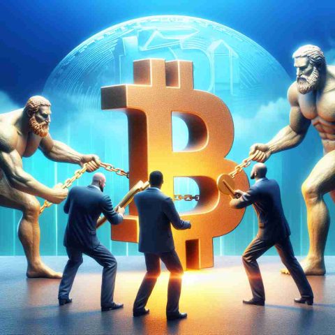 Realistic high definition image of metaphorical giants, representing major investors, placing large bets on a block-chain symbol, signifying investment in cryptocurrency. In this scene, the giants do not represent specific individuals but symbolic figures driving the financial market trends.