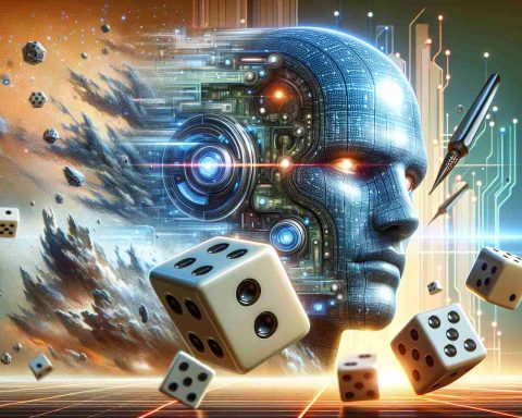 Realistic, high definition illustration of an abstract concept representing the future of Palantir, depicted as a AI Titan or a Risky Bet. The AI Titan could be imagined as a large, technologically advanced humanoid being dealing with mountains of data. The Risky Bet could be represented as an ancient dice roll against a background suggesting fate and destiny. This design should not include any recognizable logos.