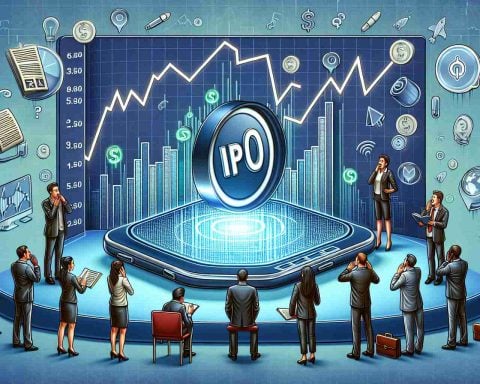 A high-definition and realistic image depicting the concept of a new Initial Public Offering (IPO) causing ripples in the technology sector. This illustration includes symbolic elements that represent emerging trends in the business and technology worlds. Some elements should include, but are not limited to: a gradually ascending stock line, a technological device like a smartphone or laptop showcasing the IPO announcement, some business people looking amazed or confused, and potentially a newspaper or an online news banner with the headline 'Is This a New Trend?'.