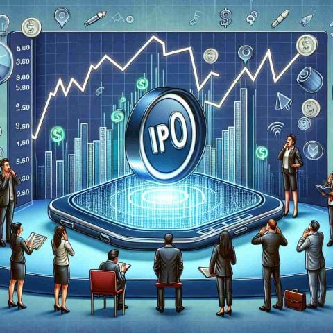 A high-definition and realistic image depicting the concept of a new Initial Public Offering (IPO) causing ripples in the technology sector. This illustration includes symbolic elements that represent emerging trends in the business and technology worlds. Some elements should include, but are not limited to: a gradually ascending stock line, a technological device like a smartphone or laptop showcasing the IPO announcement, some business people looking amazed or confused, and potentially a newspaper or an online news banner with the headline 'Is This a New Trend?'.