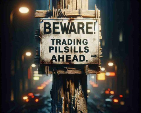 A detailed, high-definition, realistic image of a warning scene. The focus of the scene is a prominently displayed sign that reads 'Beware! Trading Pitfalls Ahead.' This alludes to the potential risks involved in trading activities. The surrounding scene is dimly lit, receding into shadows, representing the uncertainty of the trading world. The signs are mounted onto a decaying, weather-beaten wooden post, adding a touch of aged charm. Subtle indications of a bustling city in the background, representing the hectic financial markets, would add additional context to the image.