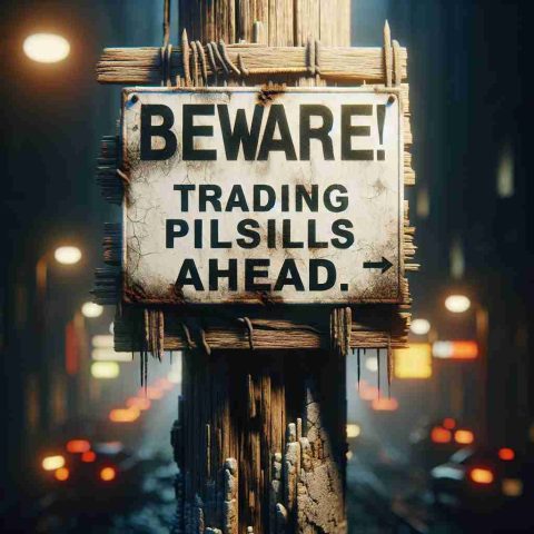 A detailed, high-definition, realistic image of a warning scene. The focus of the scene is a prominently displayed sign that reads 'Beware! Trading Pitfalls Ahead.' This alludes to the potential risks involved in trading activities. The surrounding scene is dimly lit, receding into shadows, representing the uncertainty of the trading world. The signs are mounted onto a decaying, weather-beaten wooden post, adding a touch of aged charm. Subtle indications of a bustling city in the background, representing the hectic financial markets, would add additional context to the image.