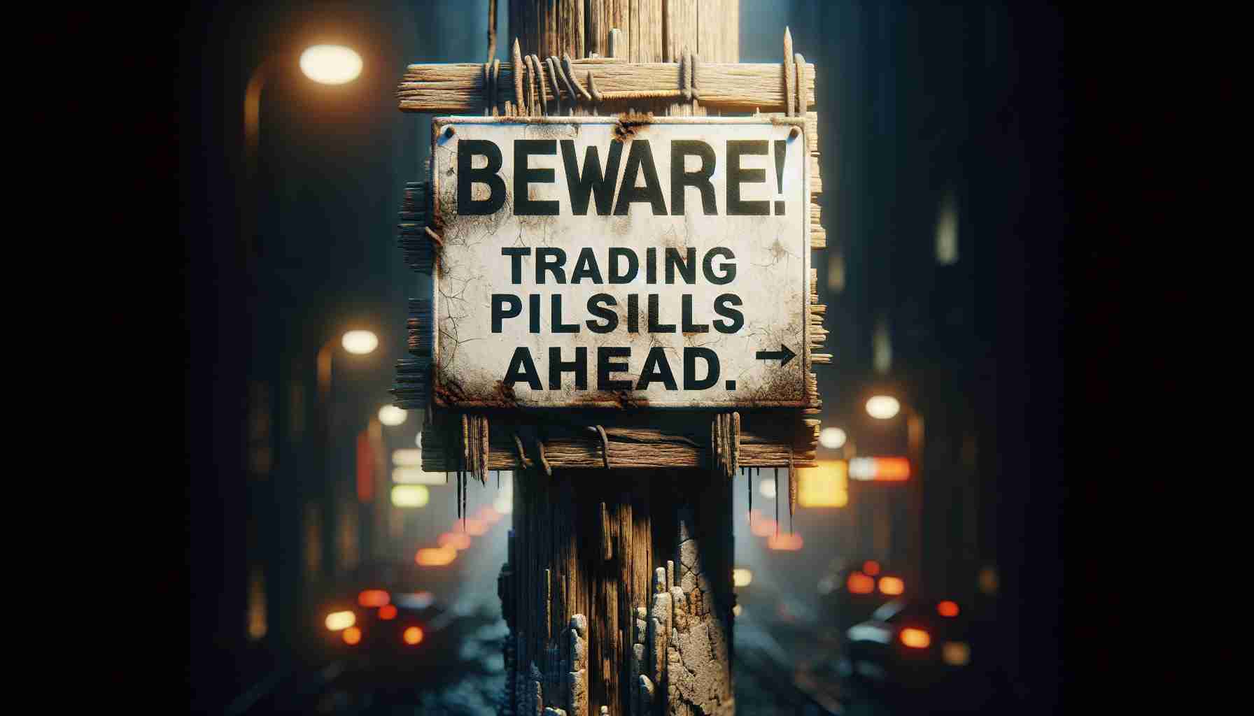 A detailed, high-definition, realistic image of a warning scene. The focus of the scene is a prominently displayed sign that reads 'Beware! Trading Pitfalls Ahead.' This alludes to the potential risks involved in trading activities. The surrounding scene is dimly lit, receding into shadows, representing the uncertainty of the trading world. The signs are mounted onto a decaying, weather-beaten wooden post, adding a touch of aged charm. Subtle indications of a bustling city in the background, representing the hectic financial markets, would add additional context to the image.