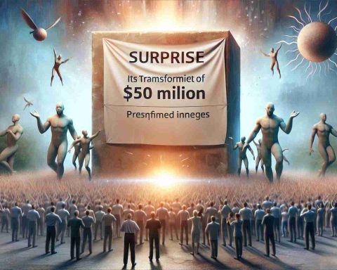 High definition, realistic representation of a conceptual scene depicting various colossal figures, personifying Energy. They're shown gathered together, embarking on a bold mission. The surprise element is symbolized by a banner, displaying a pledge of $500 million. The background subtly symbolizes the impacts, as transformed lives and positive changes.