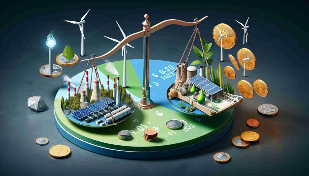 Realistic HD image illustrating the concept of 'Is Investing in Green Energy Funds the Key to a Sustainable Future?'. This could be portrayed through various symbols such as currency notes or coins changing into images of renewable energy sources like solar panels, wind turbines and hydroelectric dams. Possibly, a balance scale showing green energy sources on one side and fossil fuels on the other to depict future sustainability.