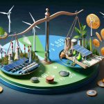 Realistic HD image illustrating the concept of 'Is Investing in Green Energy Funds the Key to a Sustainable Future?'. This could be portrayed through various symbols such as currency notes or coins changing into images of renewable energy sources like solar panels, wind turbines and hydroelectric dams. Possibly, a balance scale showing green energy sources on one side and fossil fuels on the other to depict future sustainability.