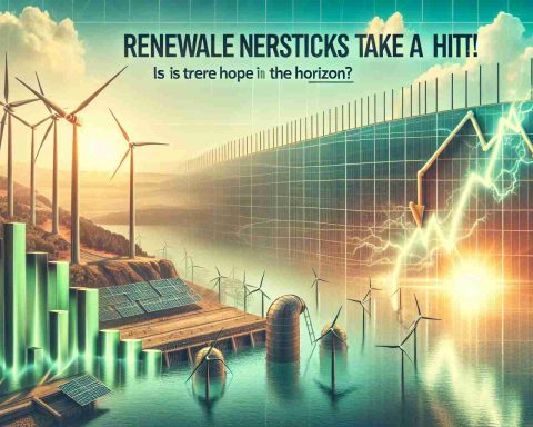 A high-resolution realistic image depicting the concept of renewable energy stocks experiencing a downturn. The scene is divided into two halves. The first half shows a graph, with lines sharply dropping, representing the shrinking value of these stocks. The graph is superimposed on a backdrop of wind turbines, solar panels, and hydroelectric dams, symbols of renewable energy. The other half is an optimistic sunrise over the horizon, suggesting potential for growth and recovery. The phrase 'Renewable Energy Stocks Take a Hit! Is There Hope on the Horizon?' is displayed prominently in bold readable text.