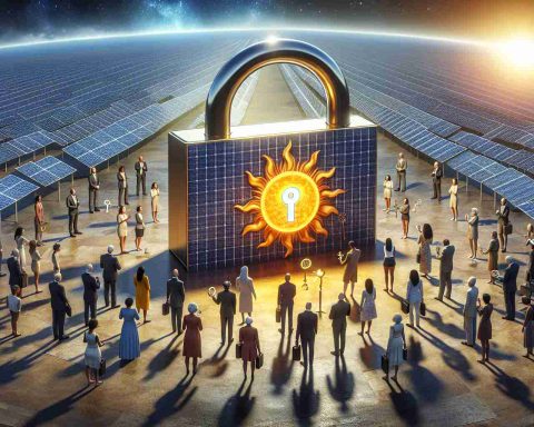 A high-definition, realistic image representing the unlocking of solar power's potential in Baku. It includes solar panels arranged in a large array, harnessing the sun's energy amidst a clear blue sky. A group of metaphorical figures symbolising global leadership, of varying genders and descents, such as a Caucasian woman, a Hispanic man, a South Asian woman and a Black man. each one holding a key, gathered around a giant lock in the shape of the sun, signifying their unity and collective effort. Please bear in mind to not represent any specific real-world leaders.