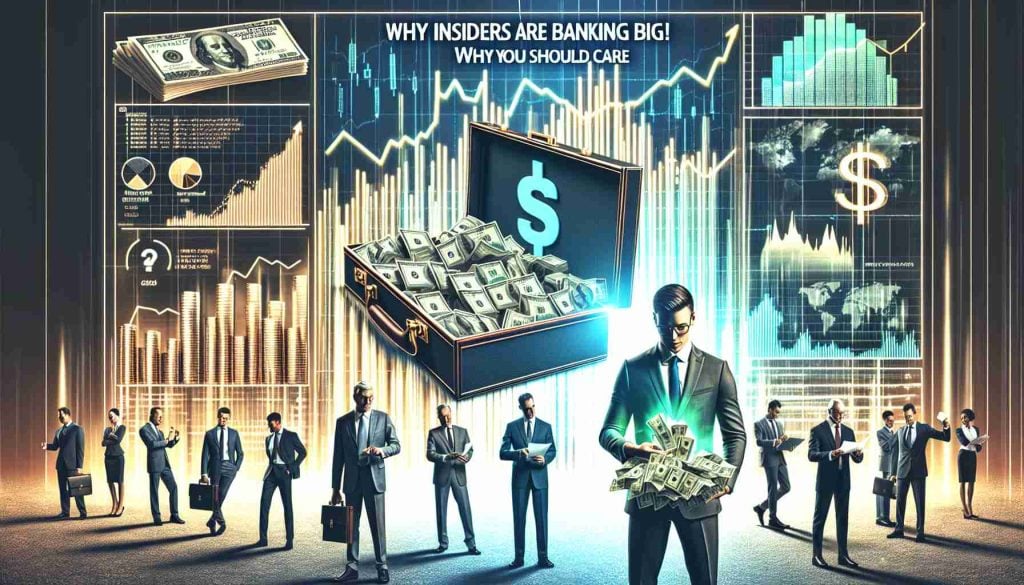 Create a realistic, high-definition graphic image that represents the concept of 'insiders' making large profits in the financial sector and the importance of understanding these trends for personal investment strategies. This could feature symbolic elements such as bullish stock market charts, a cash-filled briefcase opened by an experienced investor, or a proud banker counting his earnings. Overlay these scenes with the highlighted text: 'Why Insiders are Banking Big! Why You Should Care'. All people shown in the image should be a mix of genders and descents, reflecting a diverse financial sector.