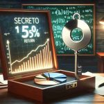 An image representing the concept of the secret to 15% returns in form of a hidden formula. The scene is set in a well lit office. On a sleek, wooden desk is a shiny metal key. This key symbolizes the 'secret'. Next to it, is a 3D pie chart illustrating 15% return rate. In the background, there's a glowing chalkboard with cryptic numeric equations, symbolizing 'hidden formula'. All these components combine to produce a metaphorical representation of this financial concept.