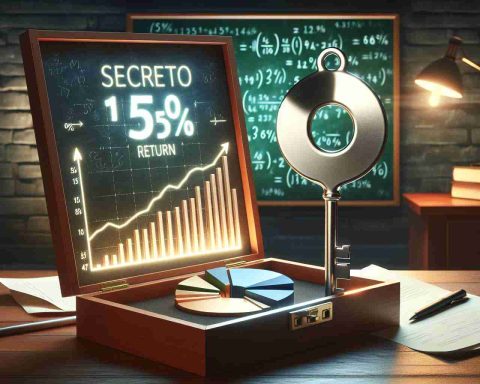 An image representing the concept of the secret to 15% returns in form of a hidden formula. The scene is set in a well lit office. On a sleek, wooden desk is a shiny metal key. This key symbolizes the 'secret'. Next to it, is a 3D pie chart illustrating 15% return rate. In the background, there's a glowing chalkboard with cryptic numeric equations, symbolizing 'hidden formula'. All these components combine to produce a metaphorical representation of this financial concept.