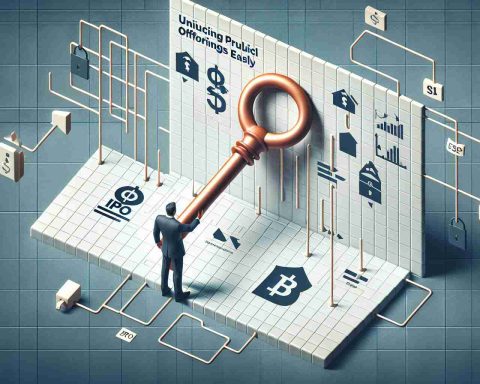 Create a high-definition, realistic image that illustrates the concept of 'Unlocking Initial Public Offering (IPO) Opportunities Easily'. Show this using a simplified method, which could be represented by a large, symbolic key or a simple flowchart. Include a logo representing a hypothetical, generic banking institution to reflect the concept of how a certain bank can make this process simpler. This should be designed in a contemporary style and presented as an advertisement or informational poster.