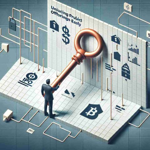 Create a high-definition, realistic image that illustrates the concept of 'Unlocking Initial Public Offering (IPO) Opportunities Easily'. Show this using a simplified method, which could be represented by a large, symbolic key or a simple flowchart. Include a logo representing a hypothetical, generic banking institution to reflect the concept of how a certain bank can make this process simpler. This should be designed in a contemporary style and presented as an advertisement or informational poster.