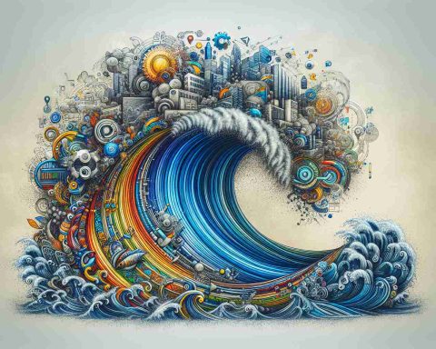 A high-definition, hyper-realistic illustration capturing an abstract concept: the booming startup scene in India projected for the year 2025. Depict a wave symbolizing a surge of companies, with each crease in the wave representing more startups. Add elements that represent innovation, creativity, and entrepreneurship. Incorporate textures and patterns that recall the rich traditions and vibrant culture of India, skillfully interwoven with elements of technology, futurism, and the spirit of start-ups.