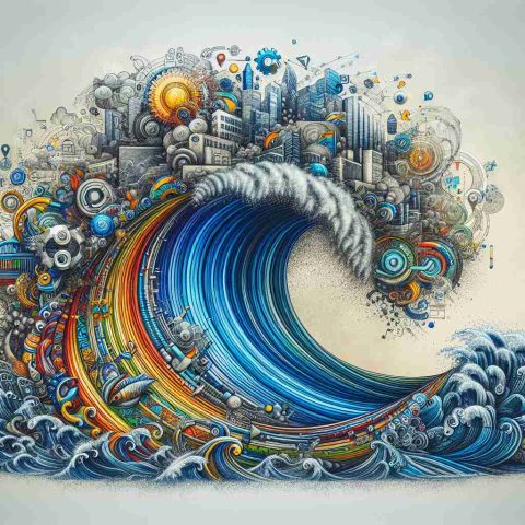 A high-definition, hyper-realistic illustration capturing an abstract concept: the booming startup scene in India projected for the year 2025. Depict a wave symbolizing a surge of companies, with each crease in the wave representing more startups. Add elements that represent innovation, creativity, and entrepreneurship. Incorporate textures and patterns that recall the rich traditions and vibrant culture of India, skillfully interwoven with elements of technology, futurism, and the spirit of start-ups.