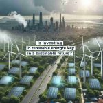 Create a realistic HD image of a sustainable future, showcasing the importance of investing in renewable energy. The scene could feature windmills and solar panels against the backdrop of a thriving city, lush greenery and a clean, healthy environment. Overlay the text 'Is Investing in Renewable Energy the Key to a Sustainable Future?' on the image.