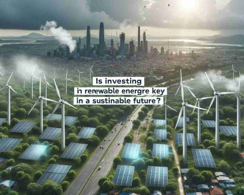 Create a realistic HD image of a sustainable future, showcasing the importance of investing in renewable energy. The scene could feature windmills and solar panels against the backdrop of a thriving city, lush greenery and a clean, healthy environment. Overlay the text 'Is Investing in Renewable Energy the Key to a Sustainable Future?' on the image.