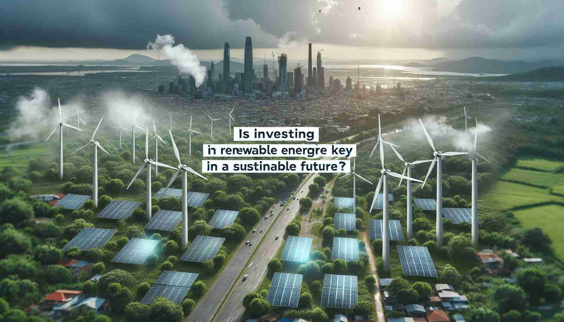 Create a realistic HD image of a sustainable future, showcasing the importance of investing in renewable energy. The scene could feature windmills and solar panels against the backdrop of a thriving city, lush greenery and a clean, healthy environment. Overlay the text 'Is Investing in Renewable Energy the Key to a Sustainable Future?' on the image.