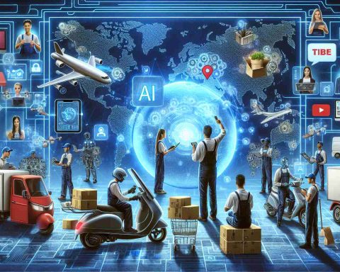 A detailed depiction of the impact of artificial intelligence in the gig economy. Picture a variety of workers from different professions such as delivery drivers, freelancers, and tech specialists. Each one is interacting with an AI device, which is shown through holographic interfaces and advanced tablets. The background represents a global map, underlining the effect this innovation has worldwide. Use a realistic style and high definition quality for this image.