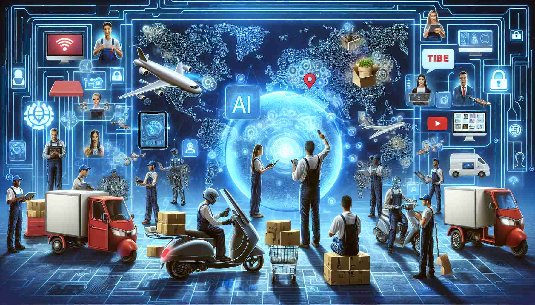 A detailed depiction of the impact of artificial intelligence in the gig economy. Picture a variety of workers from different professions such as delivery drivers, freelancers, and tech specialists. Each one is interacting with an AI device, which is shown through holographic interfaces and advanced tablets. The background represents a global map, underlining the effect this innovation has worldwide. Use a realistic style and high definition quality for this image.